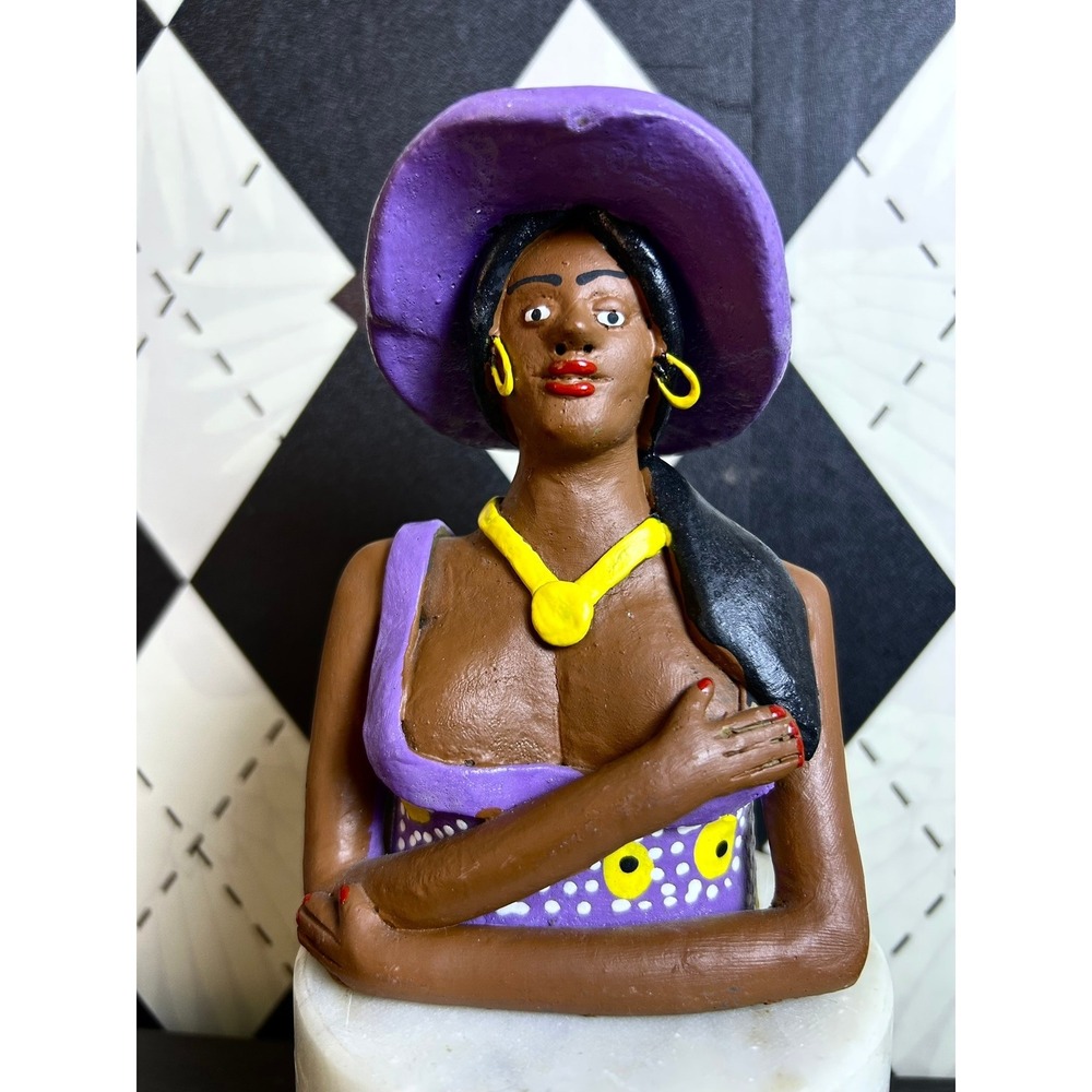 Handmade Folk Art Clay Woman Bust Purple Hat Figurine Hand on Heart5"